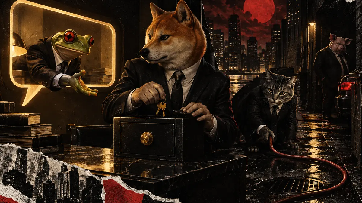 A satirical noir scene shows a suited frog posing as a helpful desk clerk, reaching through a chat-shaped window for wal