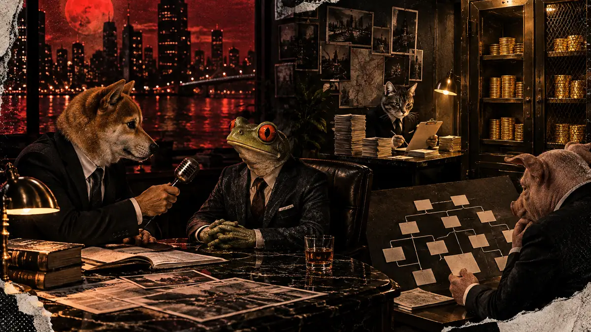 A suited shiba interviews a suited frog at a noir trading desk while a cat follows a rigid mechanical checklist and a pi