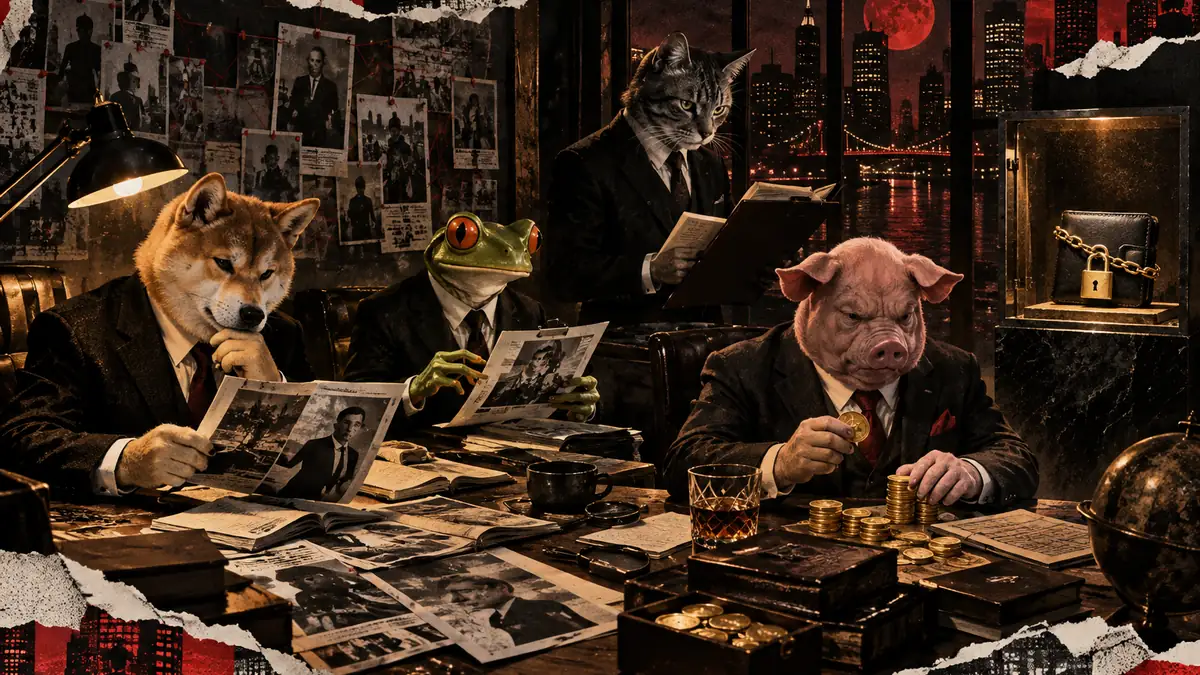 A satirical noir research office where a suited shiba and frog sort source clippings while a suited cat checks a creator