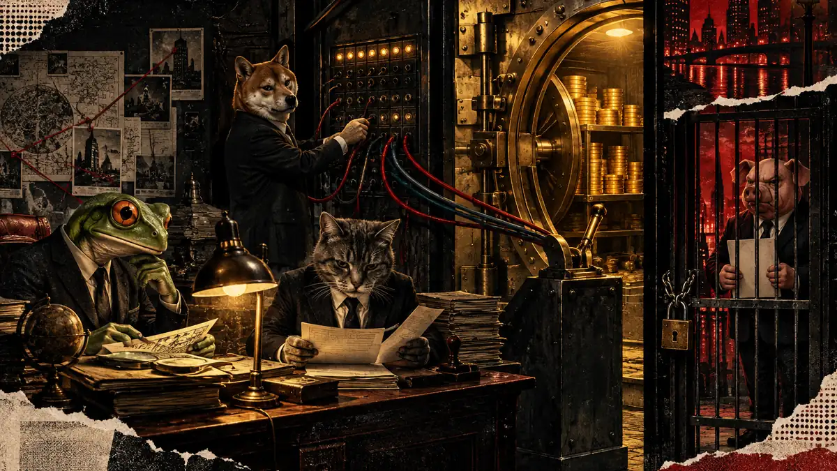 A suited shiba operates a switchboard connecting a frog’s research desk to a locked vault, while a cat examines permissi