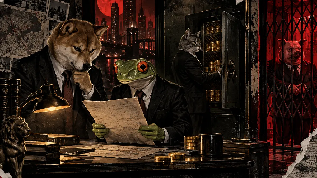 A suited shiba and frog inspect a paper trading rule at a noir detective desk while a suited cat guards a locked wallet 