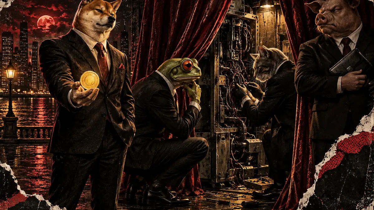 A satirical noir scene where a suited shiba presents a shiny blank token while a skeptical frog examines disconnected ma