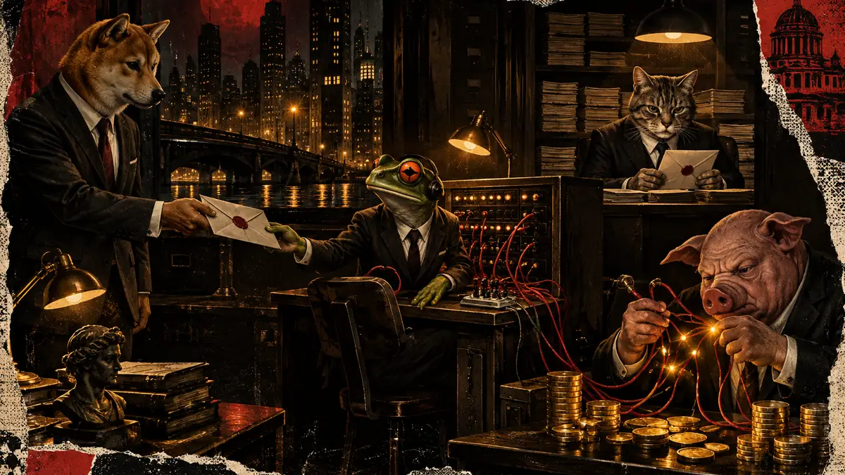 A suited shiba researcher passes a sealed request through a suited frog switchboard operator to a suited cat archivist,
