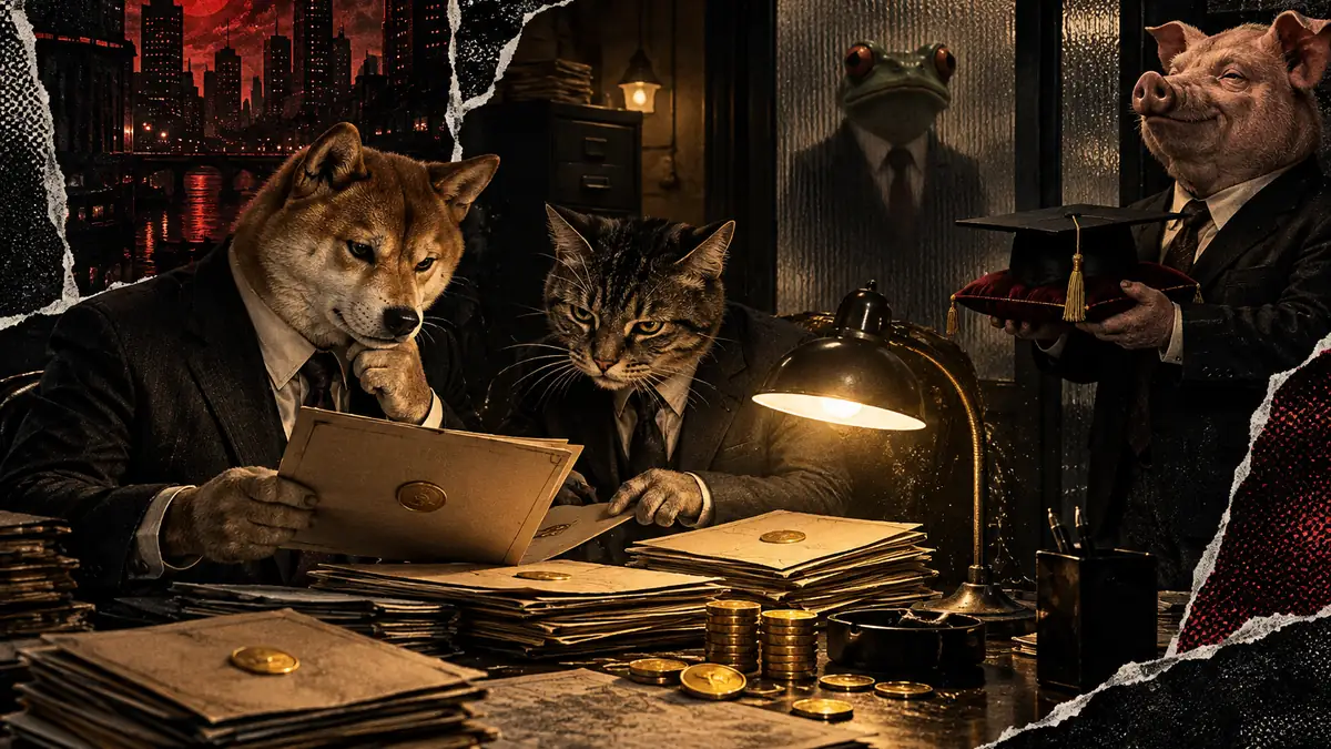 A suited shiba investigator and a suited cat clerk examine a trail of coin-launch folders under a desk lamp, while a sui