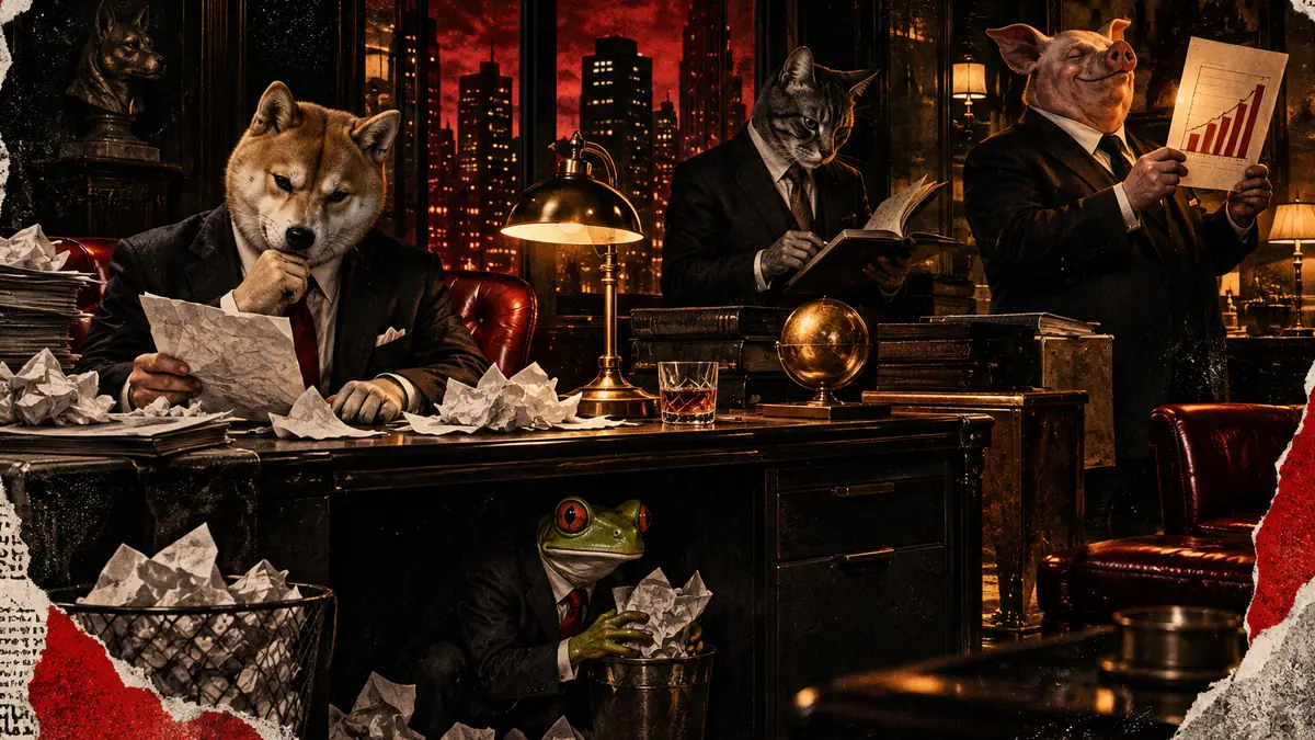 A satirical noir research office where a suited shiba examines rejected strategy drafts while a frog hides discarded pag
