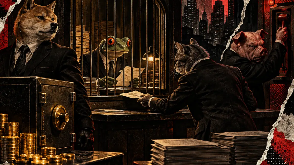 A suited shiba guards a locked wallet safe while a frog clerk reviews transaction papers behind a gated counter; a suite