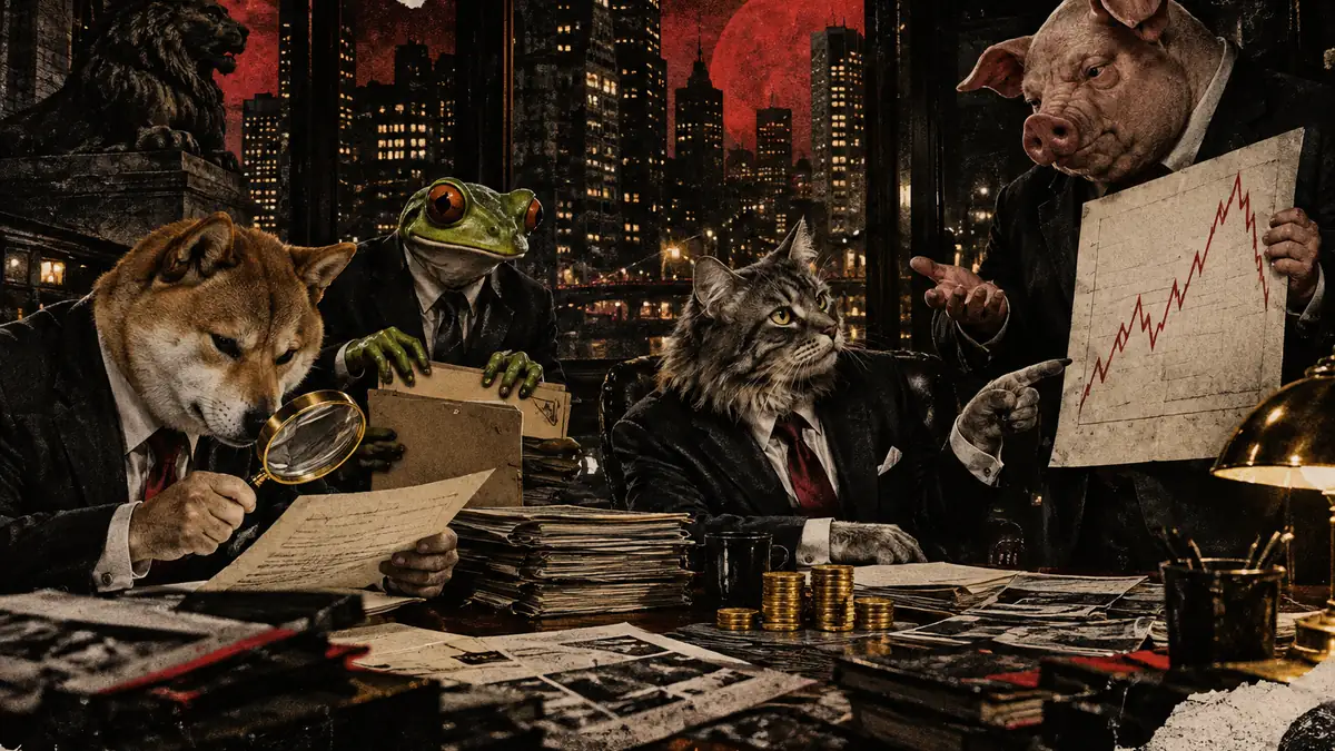 A satirical noir research desk where a suited shiba checks documents with a magnifying glass, a frog sorts source folder