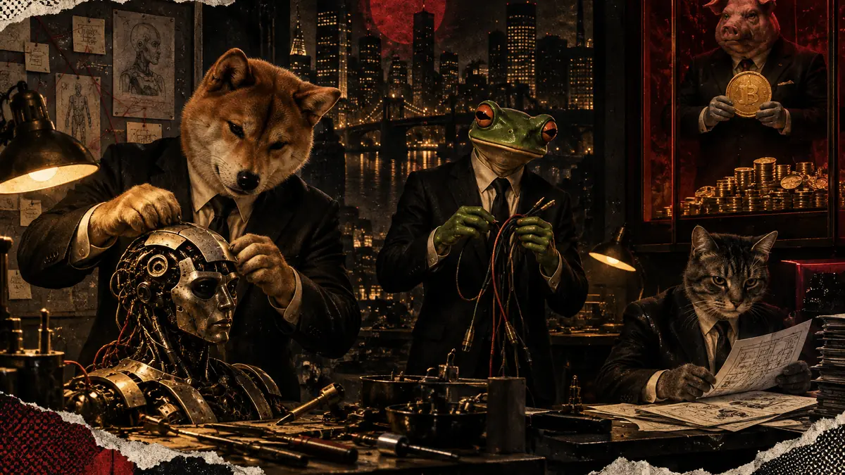 A suited shiba assembles a mechanical assistant at a workshop desk while a suited frog inspects disconnected cables, a c