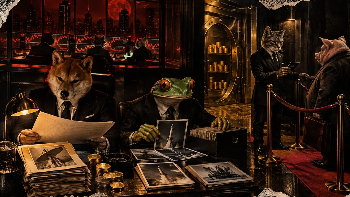 A satirical noir screening room where a suited shiba inspects launch dossiers, a frog sorts evidence, and a cat operates